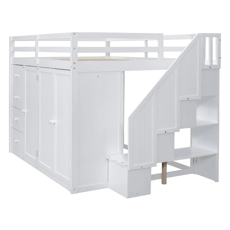 Full Size Wood Loft Bed with Built-In Wardrobes, Cabinets and Drawers