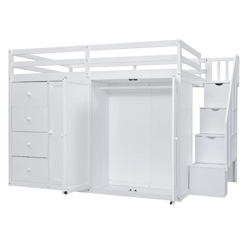 Full Size Wood Loft Bed with Built-In Wardrobes, Cabinets and Drawers