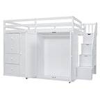 Full Size Wood Loft Bed with Built-In Wardrobes, Cabinets and Drawers