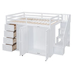 Full Size Wood Loft Bed with Built-In Wardrobes, Cabinets and Drawers