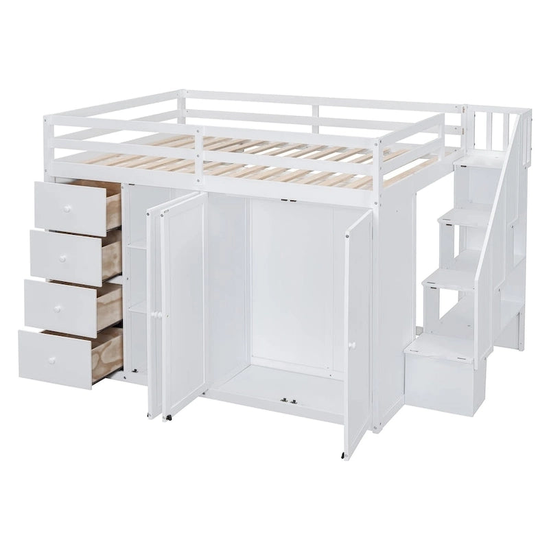 Full Size Wood Loft Bed with Built-In Wardrobes, Cabinets and Drawers
