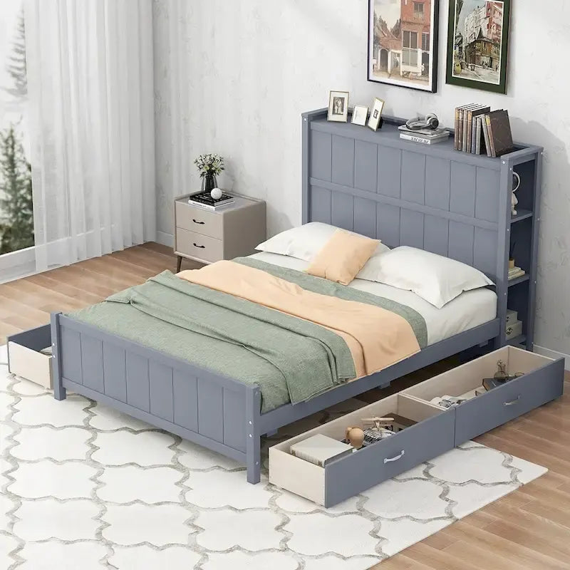 Full Size Platform Bed with Drawers and Storage Shelves