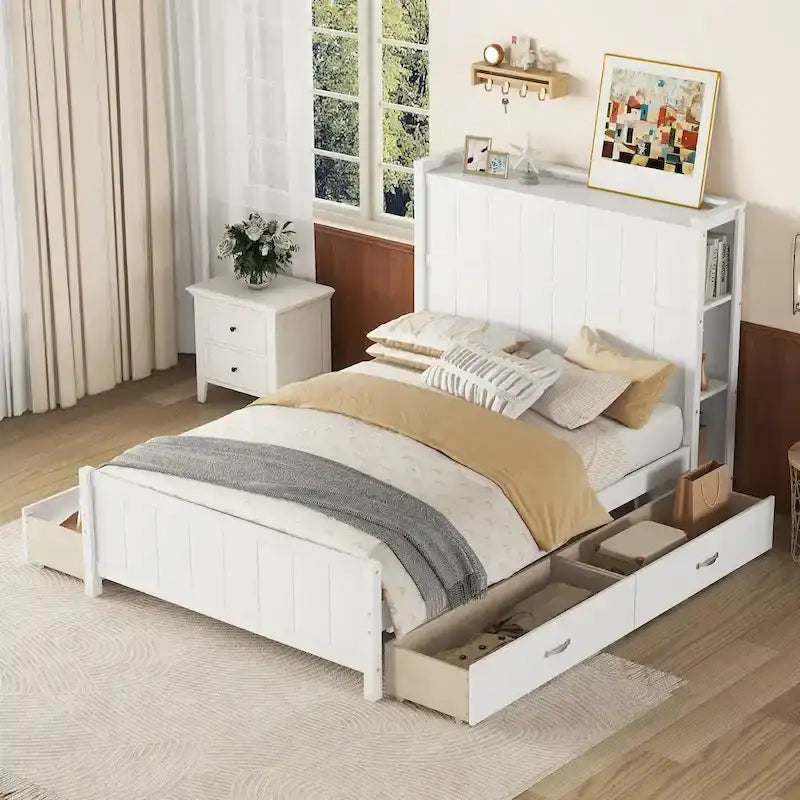 Full Size Platform Bed with Drawers and Storage Shelves