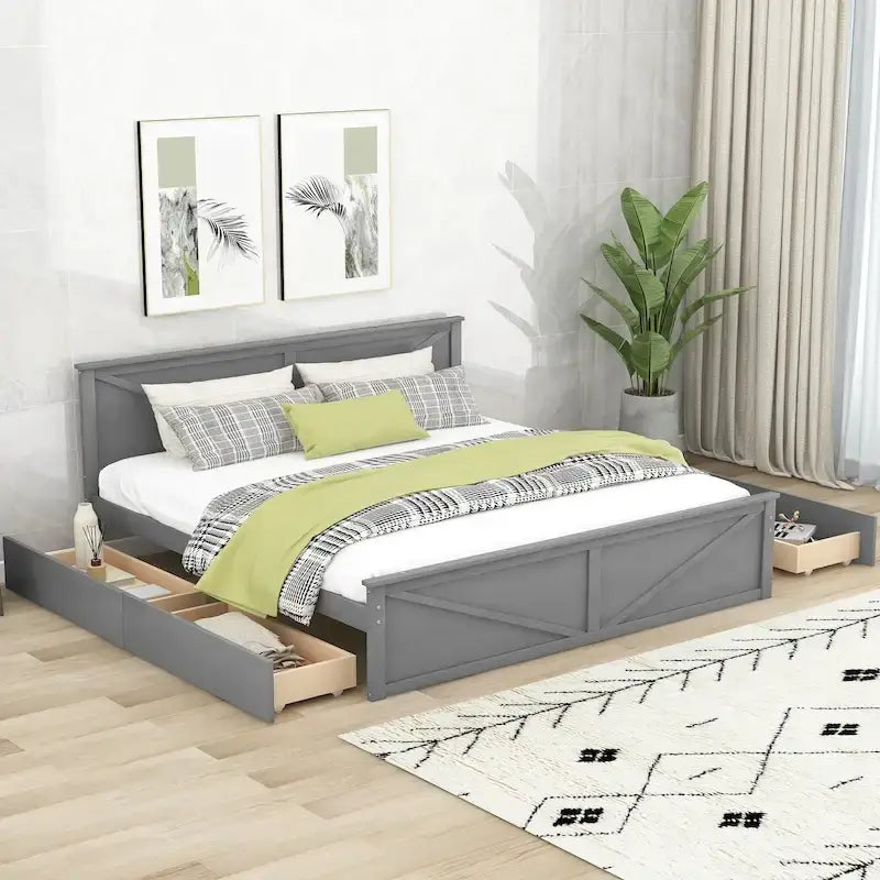 Wooden Platform Bed with 4 Storage Drawers and Support Legs