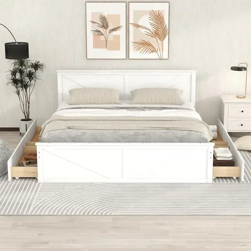 Wooden Platform Bed with 4 Storage Drawers and Support Legs