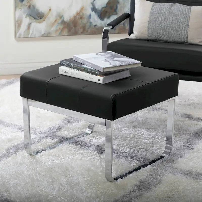 Rectangular Metal Blended Leather Modern Ottoman