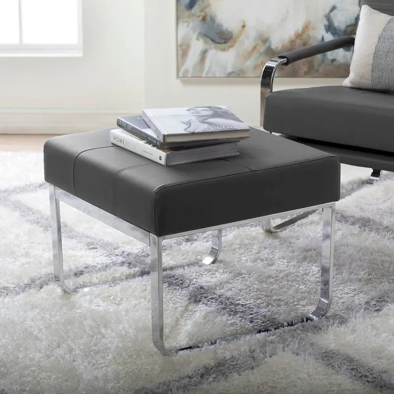 Rectangular Metal Blended Leather Modern Ottoman