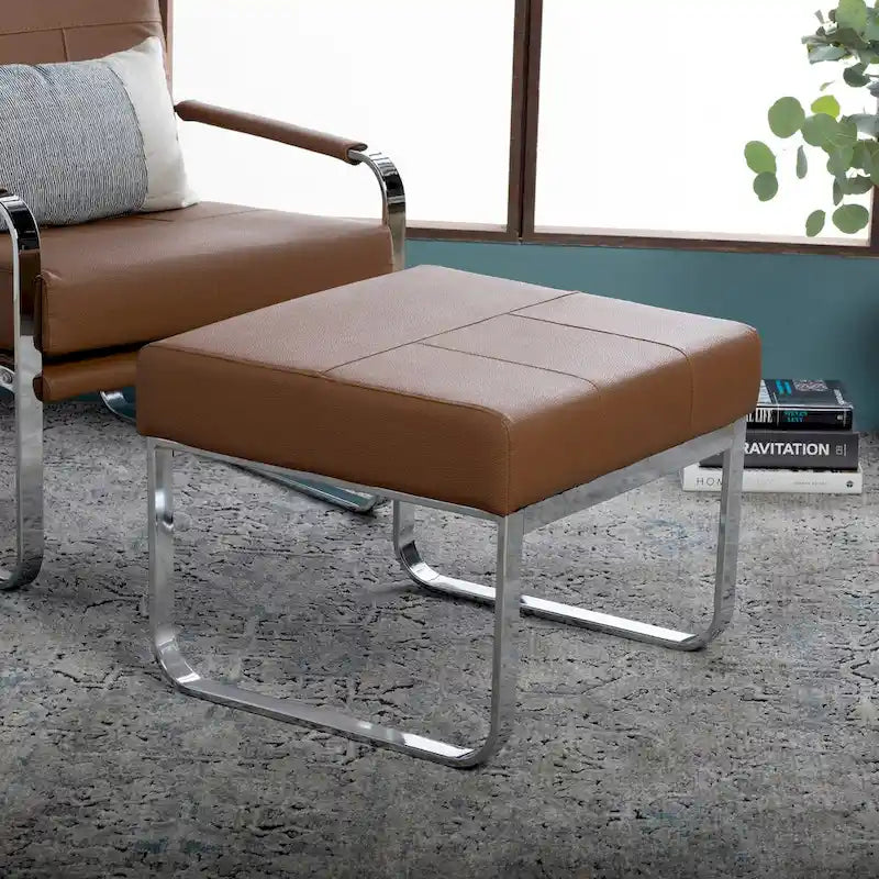 Rectangular Metal Blended Leather Modern Ottoman