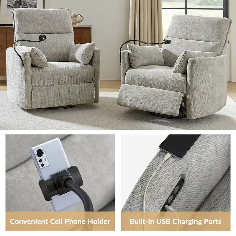 Modern 38 Power Rocking Swivel Nursery Recliner with USB Ports Set of 2