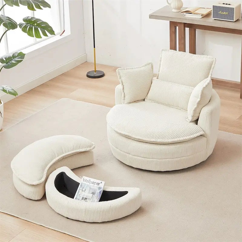 Oversized Swivel Chair with Moon Storage Ottoman with 4 Pillows