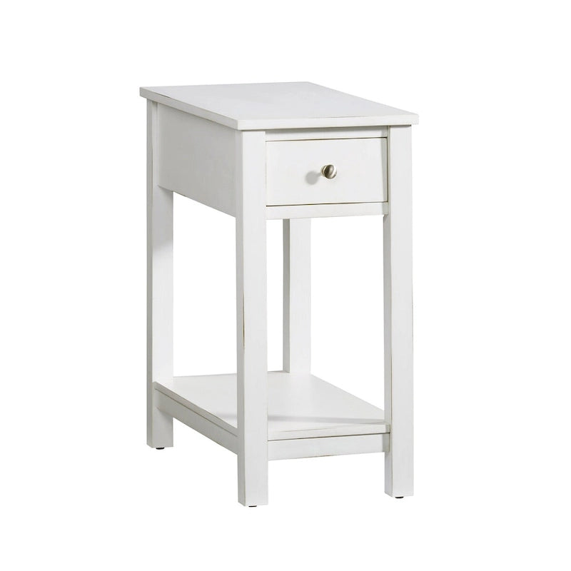 White Chairside Table with Drawer and Bottom Shelf