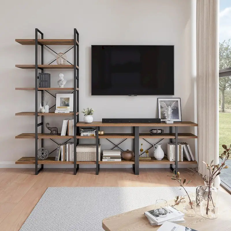 Antique Walnut Color Entertainment Media TV Stand with 6-Tier Bookcase - 106.3*14*85-inch