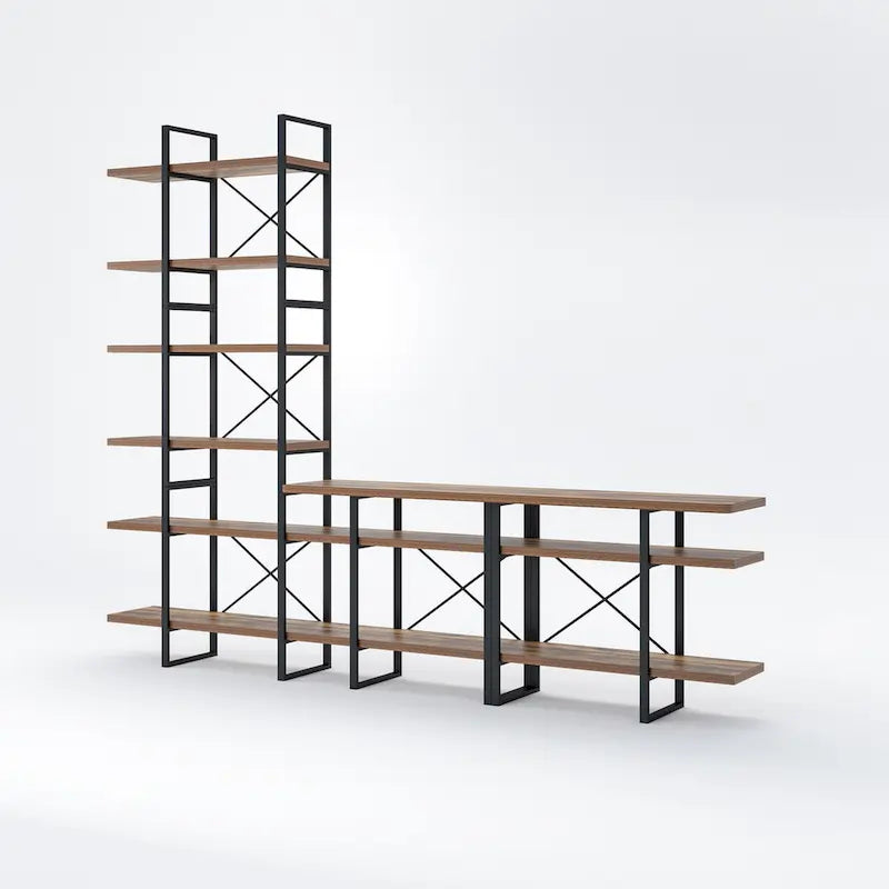 Antique Walnut Color Entertainment Media TV Stand with 6-Tier Bookcase - 106.3*14*85-inch
