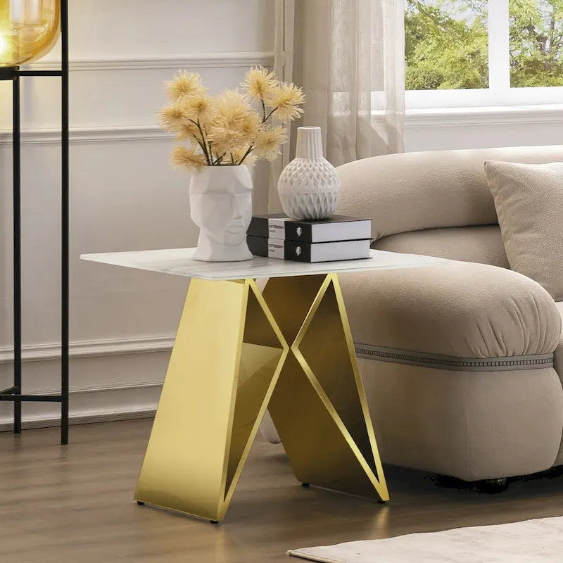 24-inch White Tempered Glass End Table with Mirrored M-Shaped Base