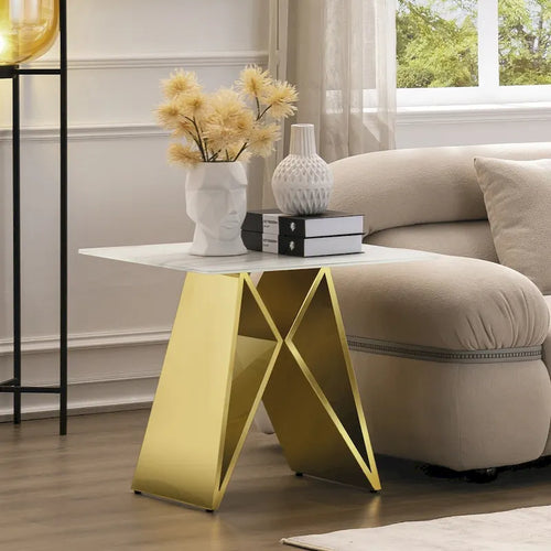 24-inch White Tempered Glass End Table with Mirrored M-Shaped Base