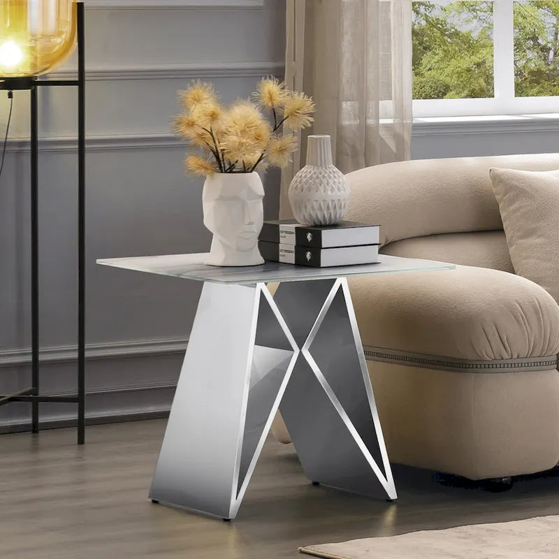 24-inch White Tempered Glass End Table with Mirrored M-Shaped Base