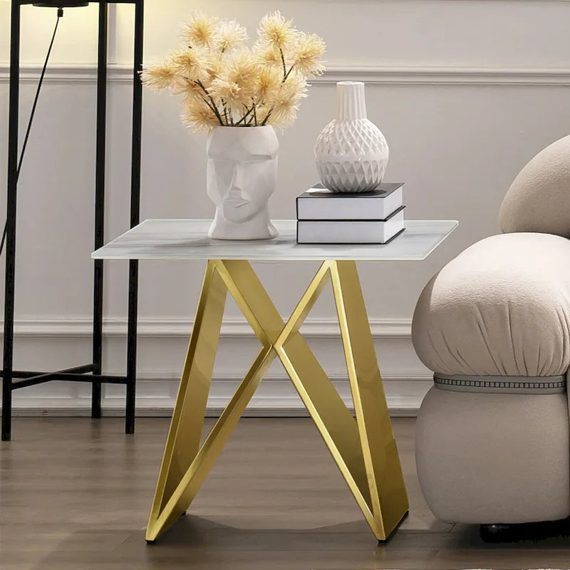 24-inch White Tempered Glass End Table with Mirrored M-Shaped Base