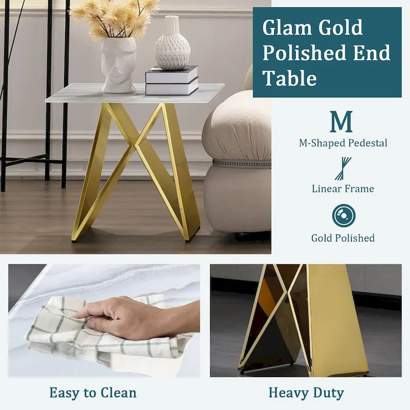 24-inch White Tempered Glass End Table with Mirrored M-Shaped Base