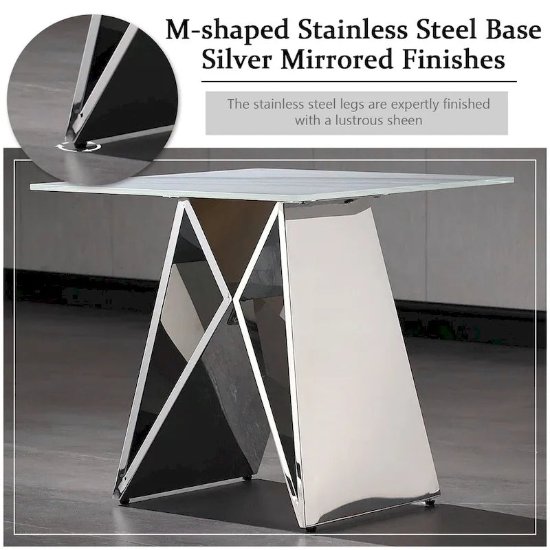 24-inch White Tempered Glass End Table with Mirrored M-Shaped Base