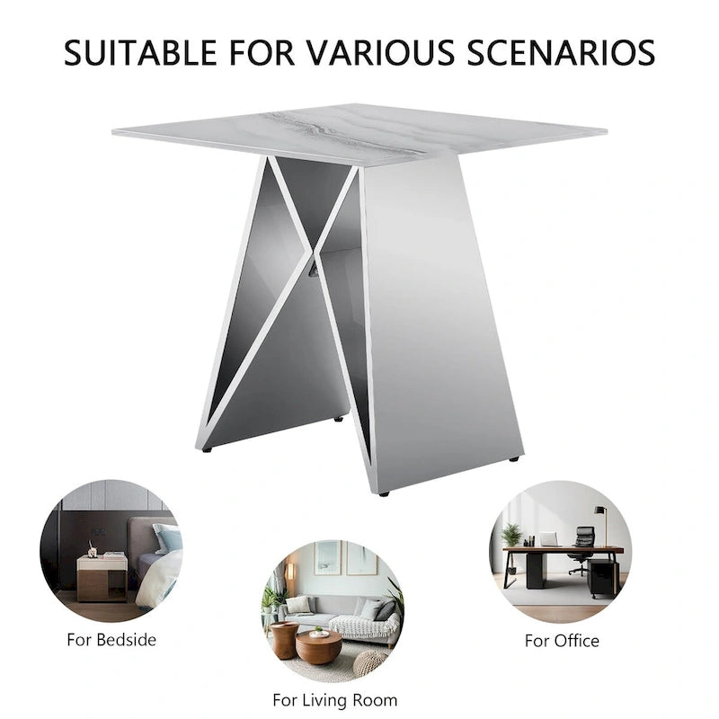 24-inch White Tempered Glass End Table with Mirrored M-Shaped Base