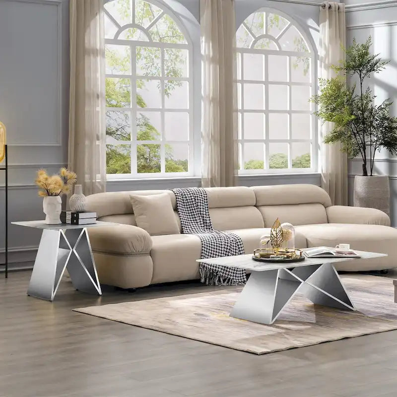 24-inch White Tempered Glass End Table with Mirrored M-Shaped Base