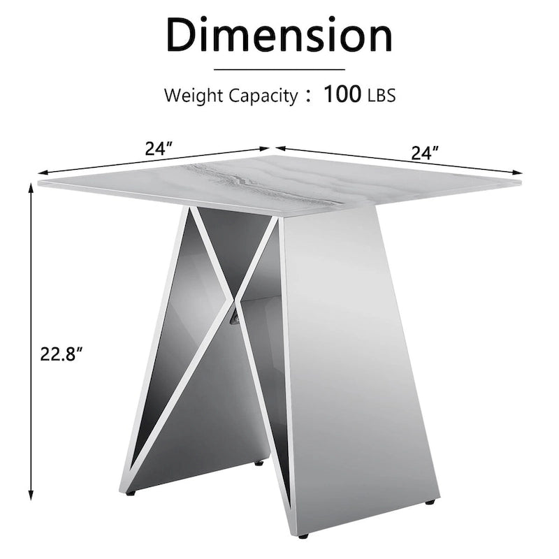 24-inch White Tempered Glass End Table with Mirrored M-Shaped Base