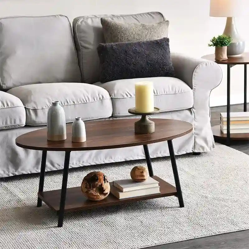 Oval Rustic Coffee Table with Storage Shelf - 23.43D x 39.37W x 16.54H