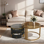 Stackable Coffee Table,Nesting Tables with Brown Tempered Glass,2 PCS