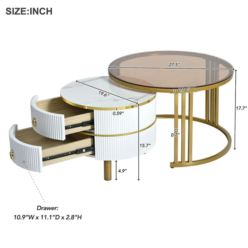 Stackable Coffee Table,Nesting Tables with Brown Tempered Glass,2 PCS