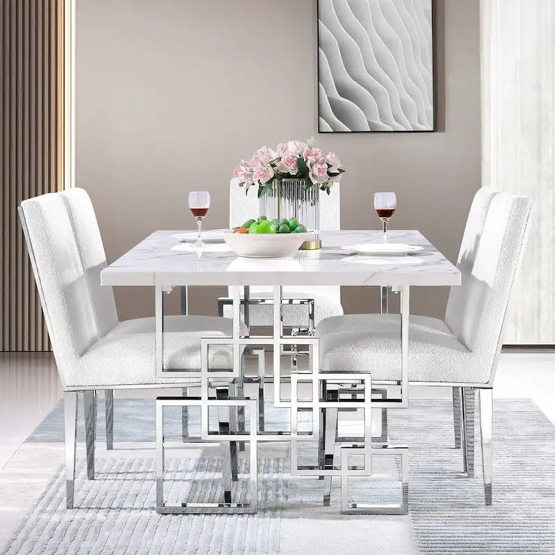 78-inch Faux Marble Dining Table with Geometric Metal Base