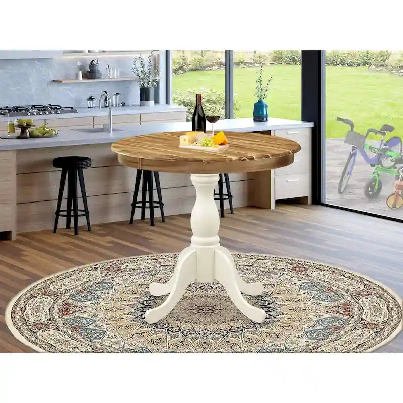 Antique Modern Kitchen Table - a Round Dining Table Top with Pedestal Base, Linen White