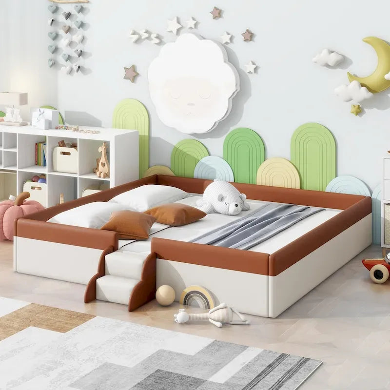 King Size Upholstered Daybed Frame with Fence and Stairs