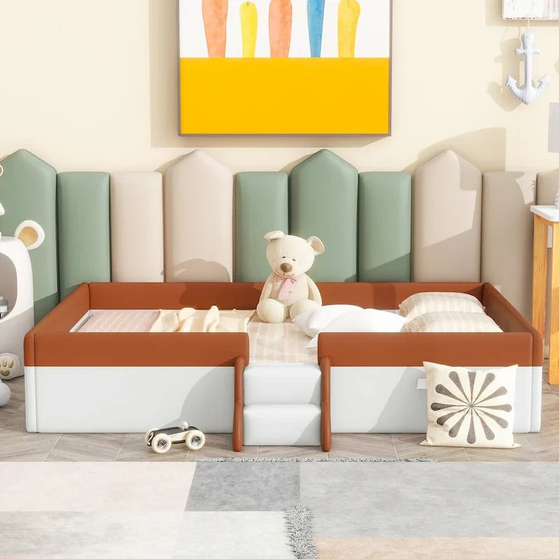 King Size Upholstered Daybed Frame with Fence and Stairs