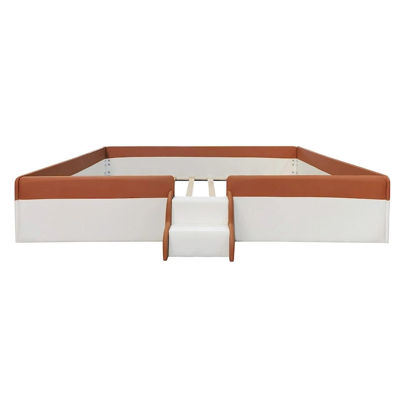 King Size Upholstered Daybed Frame with Fence and Stairs