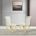 White Velvet Dining Chairs with Crystal Decor Button Tufted Back and Gold Metal Legs