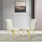White Velvet Dining Chairs with Crystal Decor Button Tufted Back and Gold Metal Legs
