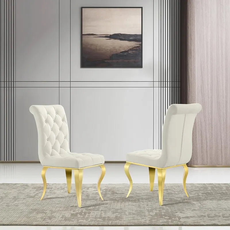 White Velvet Dining Chairs with Crystal Decor Button Tufted Back and Gold Metal Legs