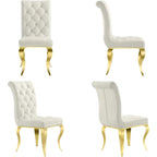 White Velvet Dining Chairs with Crystal Decor Button Tufted Back and Gold Metal Legs