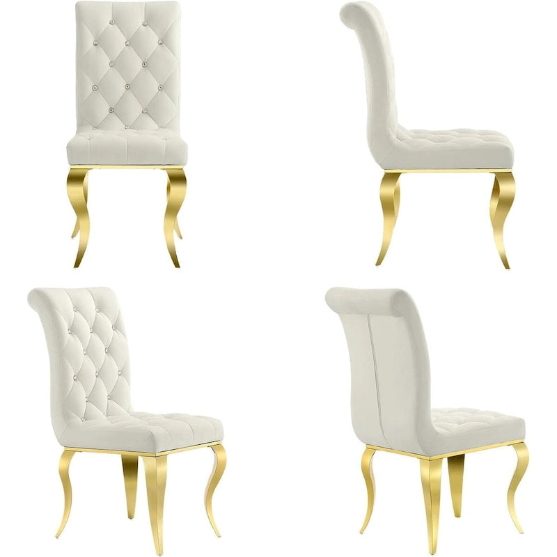 White Velvet Dining Chairs with Crystal Decor Button Tufted Back and Gold Metal Legs
