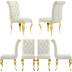 White Velvet Dining Chairs with Crystal Decor Button Tufted Back and Gold Metal Legs