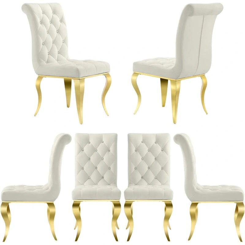 White Velvet Dining Chairs with Crystal Decor Button Tufted Back and Gold Metal Legs