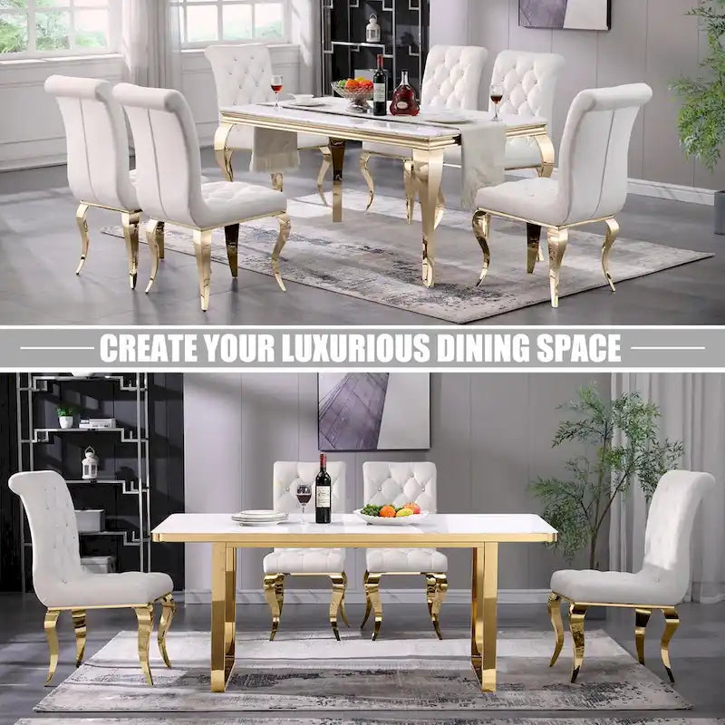 White Velvet Dining Chairs with Crystal Decor Button Tufted Back and Gold Metal Legs