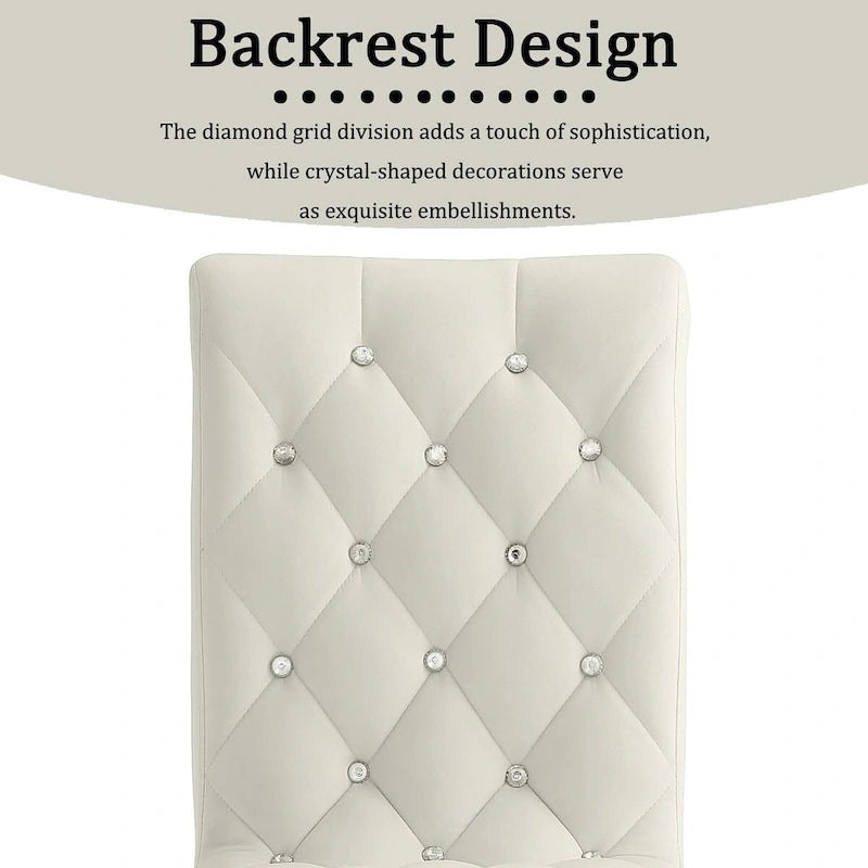 White Velvet Dining Chairs with Crystal Decor Button Tufted Back and Gold Metal Legs