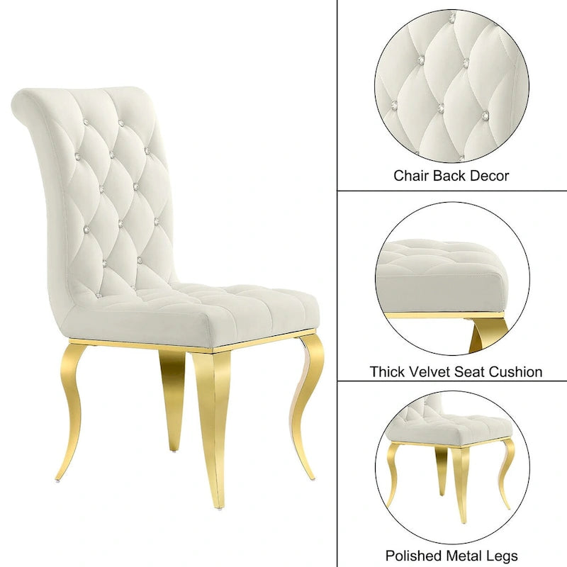 White Velvet Dining Chairs with Crystal Decor Button Tufted Back and Gold Metal Legs