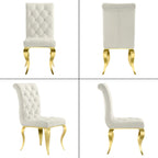 White Velvet Dining Chairs with Crystal Decor Button Tufted Back and Gold Metal Legs