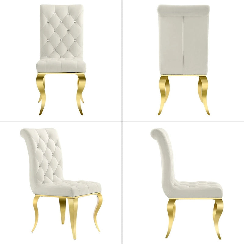 White Velvet Dining Chairs with Crystal Decor Button Tufted Back and Gold Metal Legs