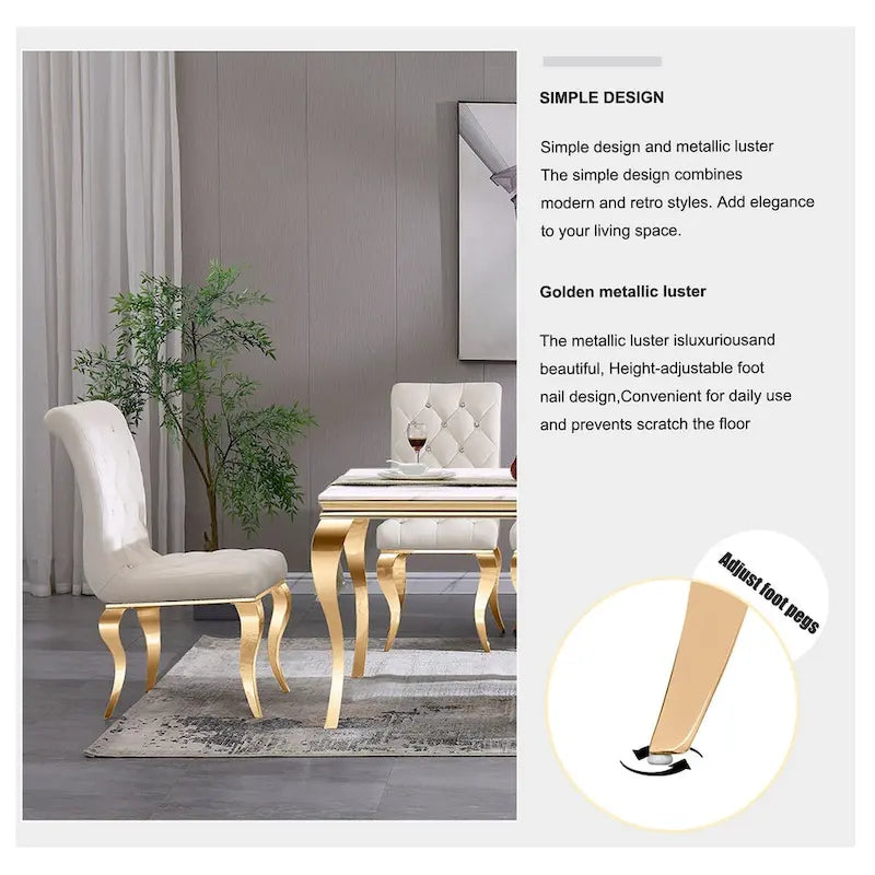 White Velvet Dining Chairs with Crystal Decor Button Tufted Back and Gold Metal Legs