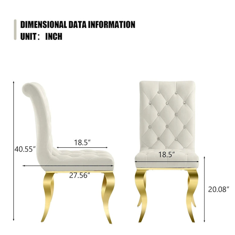 White Velvet Dining Chairs with Crystal Decor Button Tufted Back and Gold Metal Legs