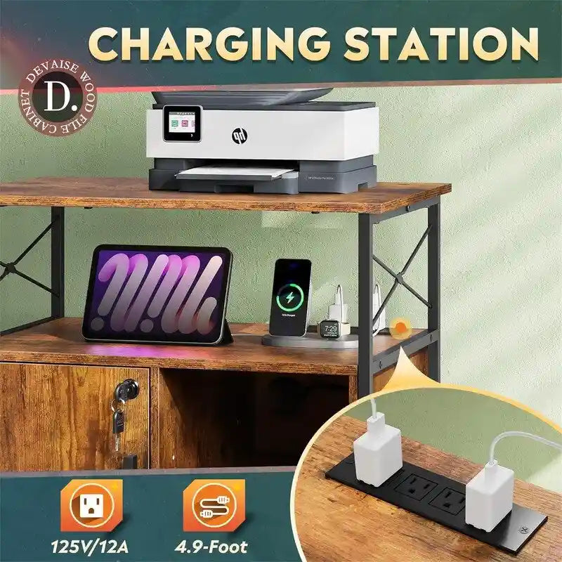 File Cabinet with Charging Station, 16.06 x 23.62 x 25.91 Inches