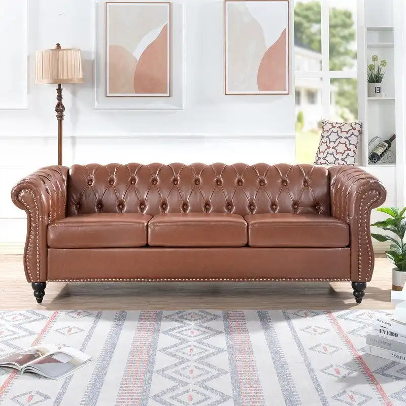 84.65 PU Rolled Arm Chesterfield 3 Seater Sofa